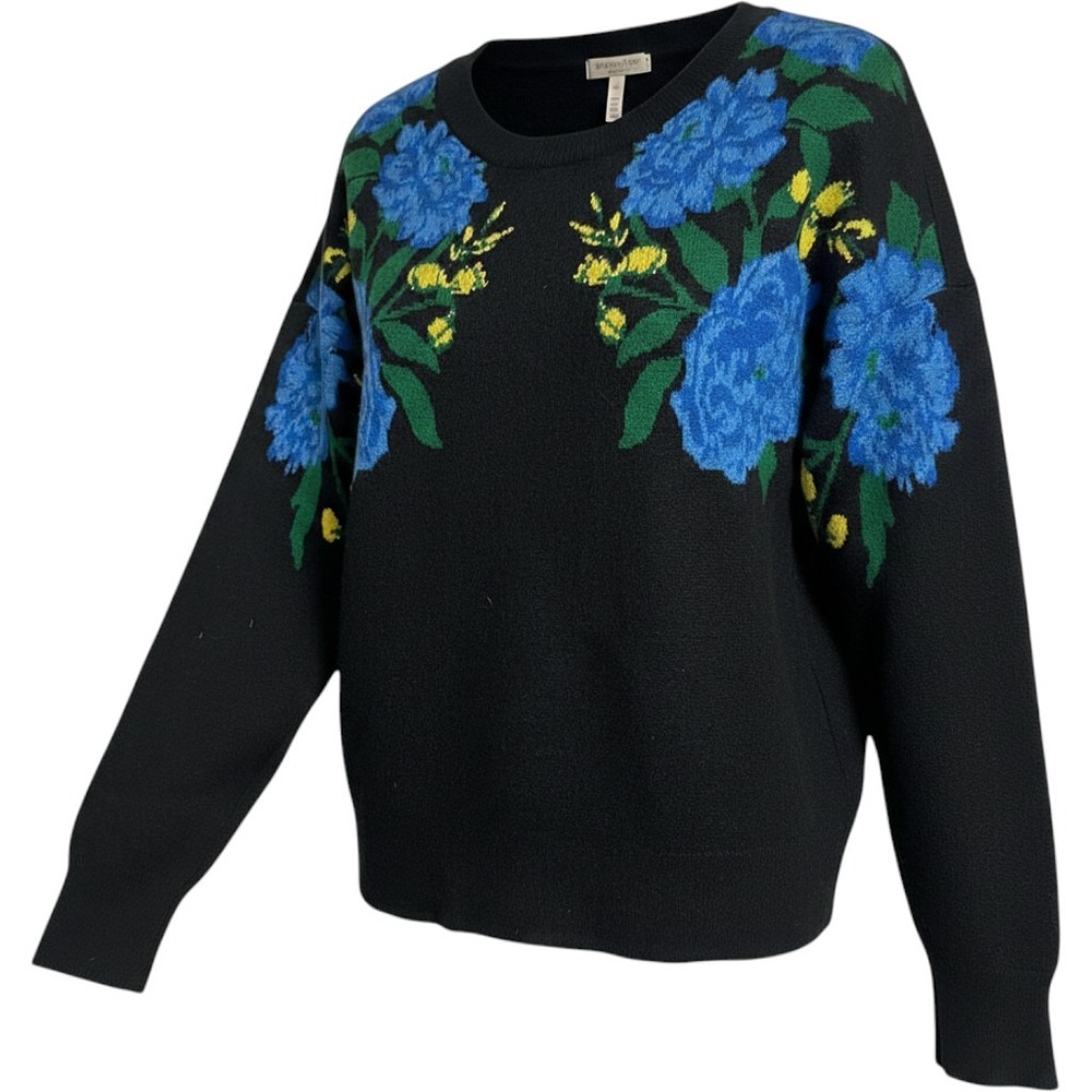 Maeve Anthropologie Camryn Cropped Black Floral Intarsia Knit Sweater Women's S